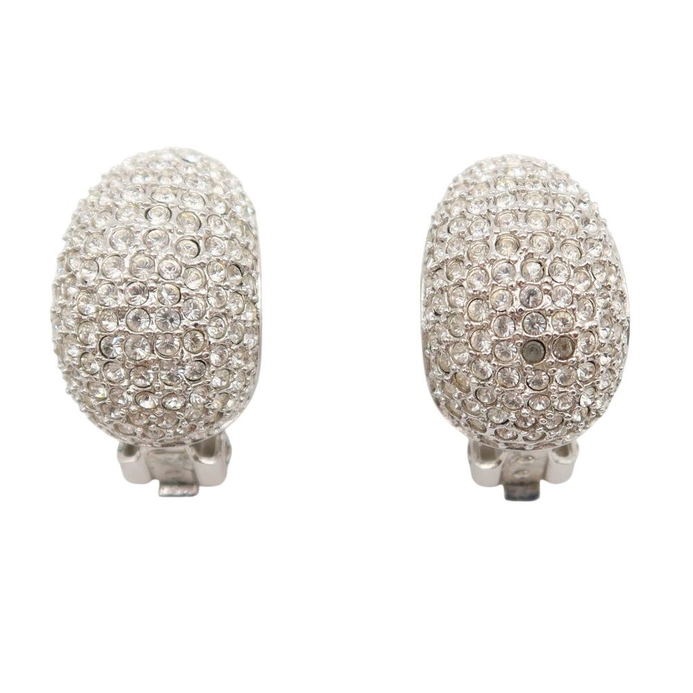 Vintage CARRE Pave Crystal Rhinestone Silver Tone Clip On Chunky Earrings